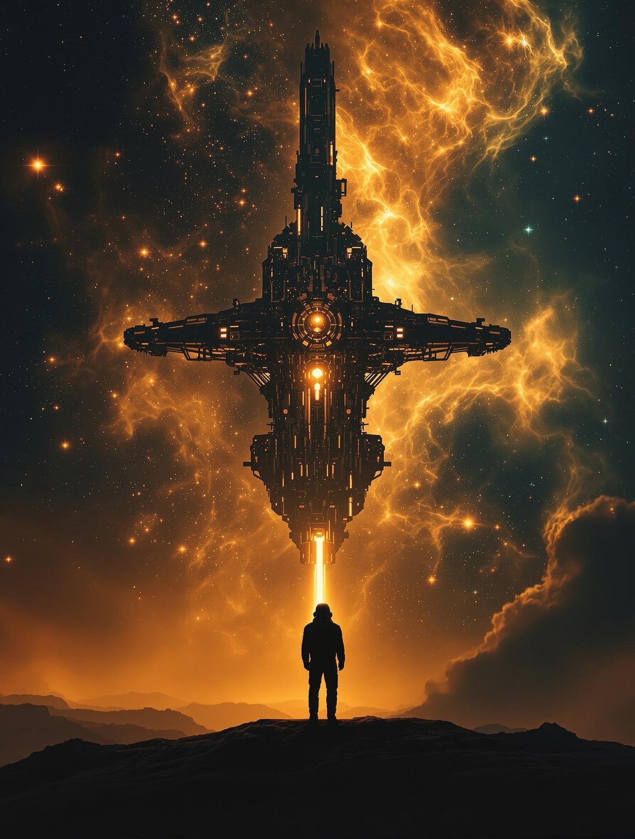 《星际像素》科幻电影海报，深空背景下宇航员面对发光像素星云的视觉画面